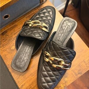 Karl Lagerfeld Black Quilted Mules with Gold Chain